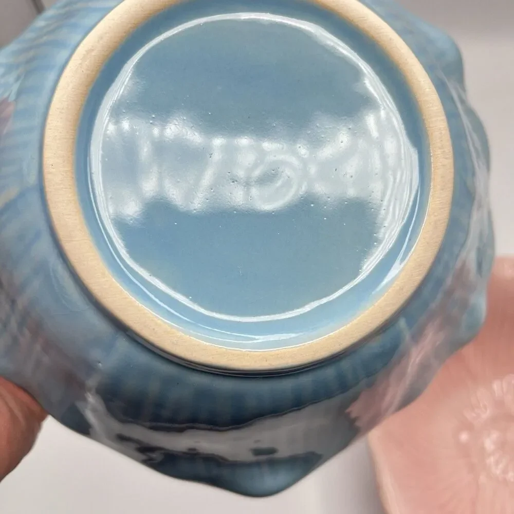 Blue And Pink Ceramic Flower Bowl 7.25” Serving Set Of 5
